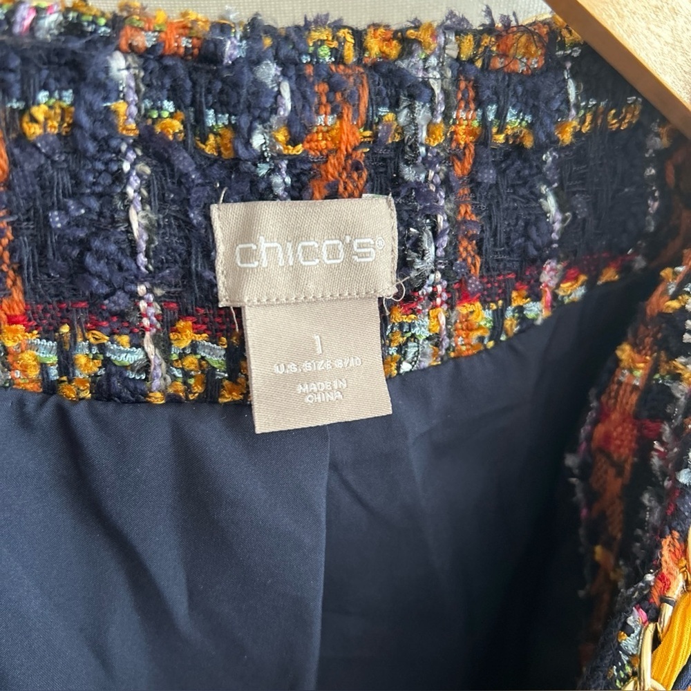 Vintage Chicos Tweed Multicolor Preppy Holidays Chain Open Coat Size 1 - Picture 4 of 12